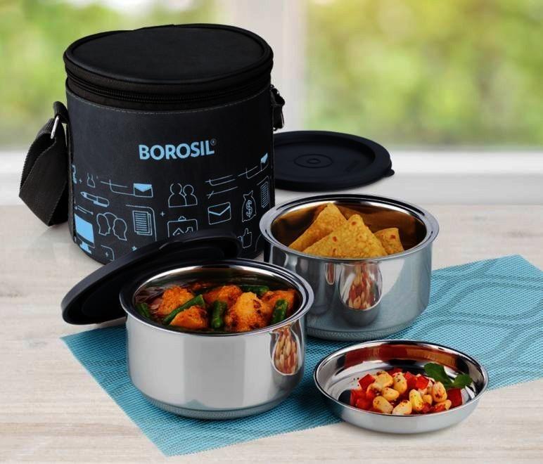 Borosil Insulated Lunch Box Stainless Steel, 2 N (200 ml Each)