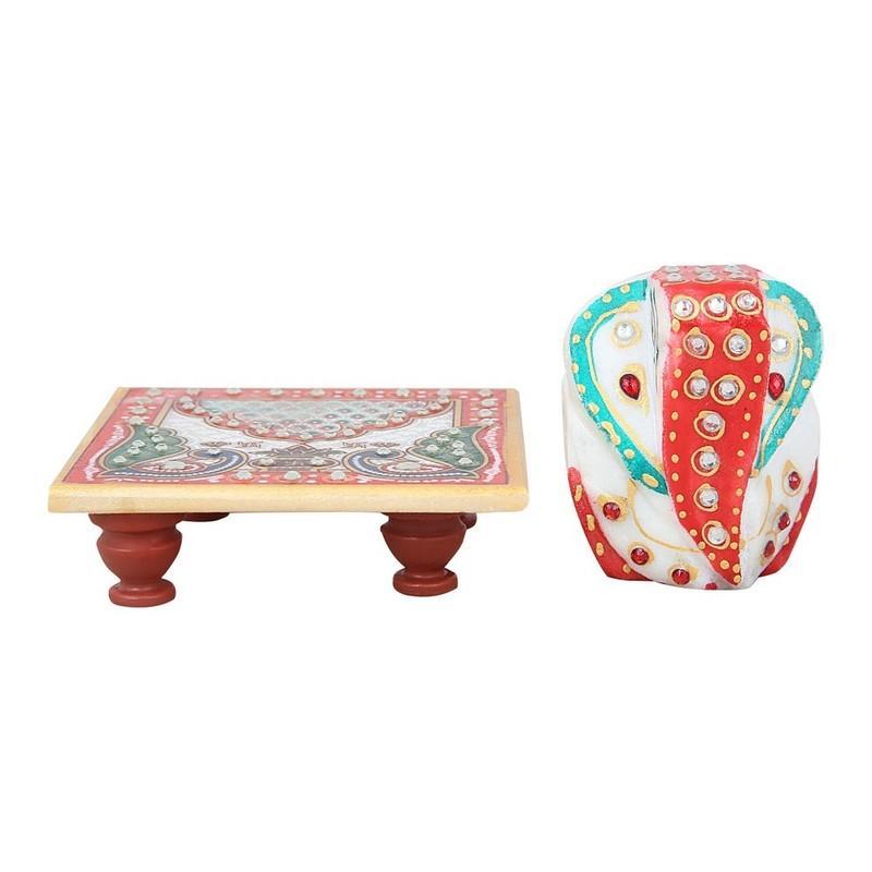 Arooti Handicrafts Painted Marble Ganesh Chowki Size 5 cm & Chowki 10 cm X 10 cm