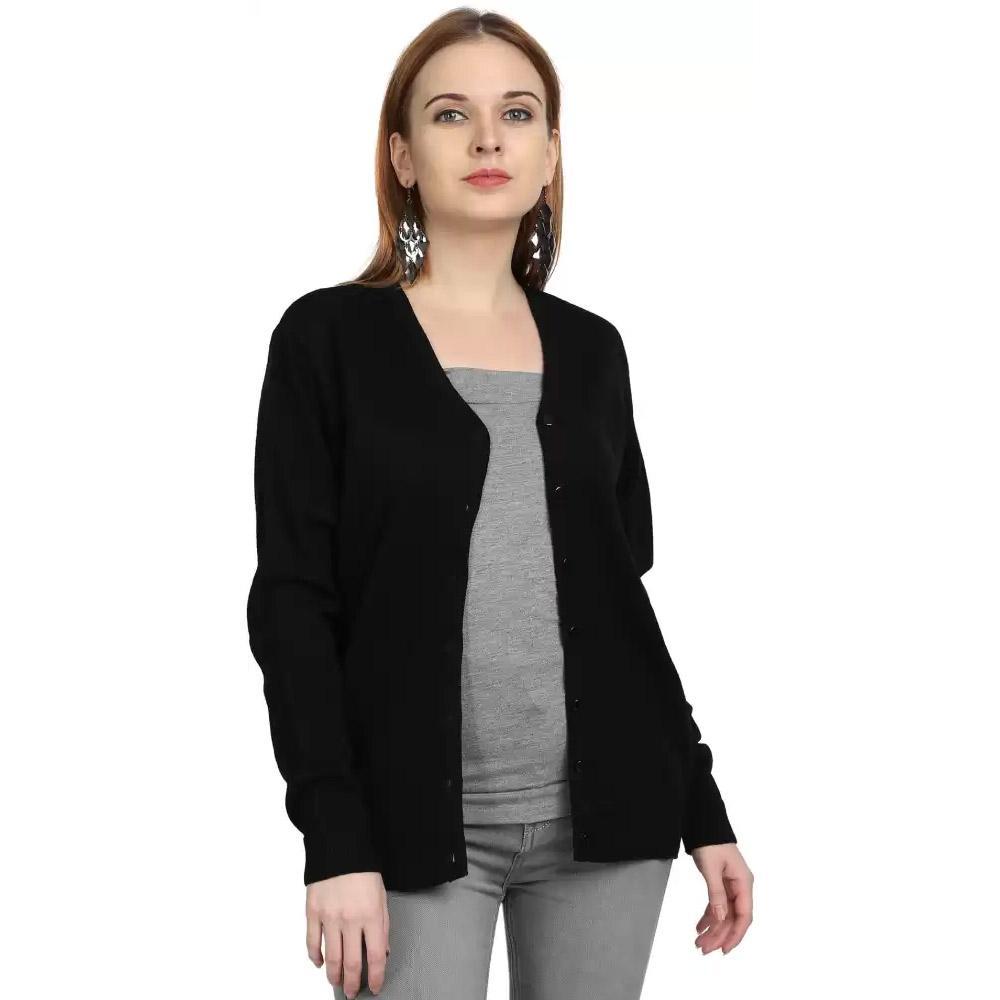 Companion Solid V Neck Casual Women Black Sweater