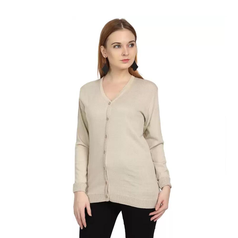 Companion Solid V Neck Casual Women Beige Sweater