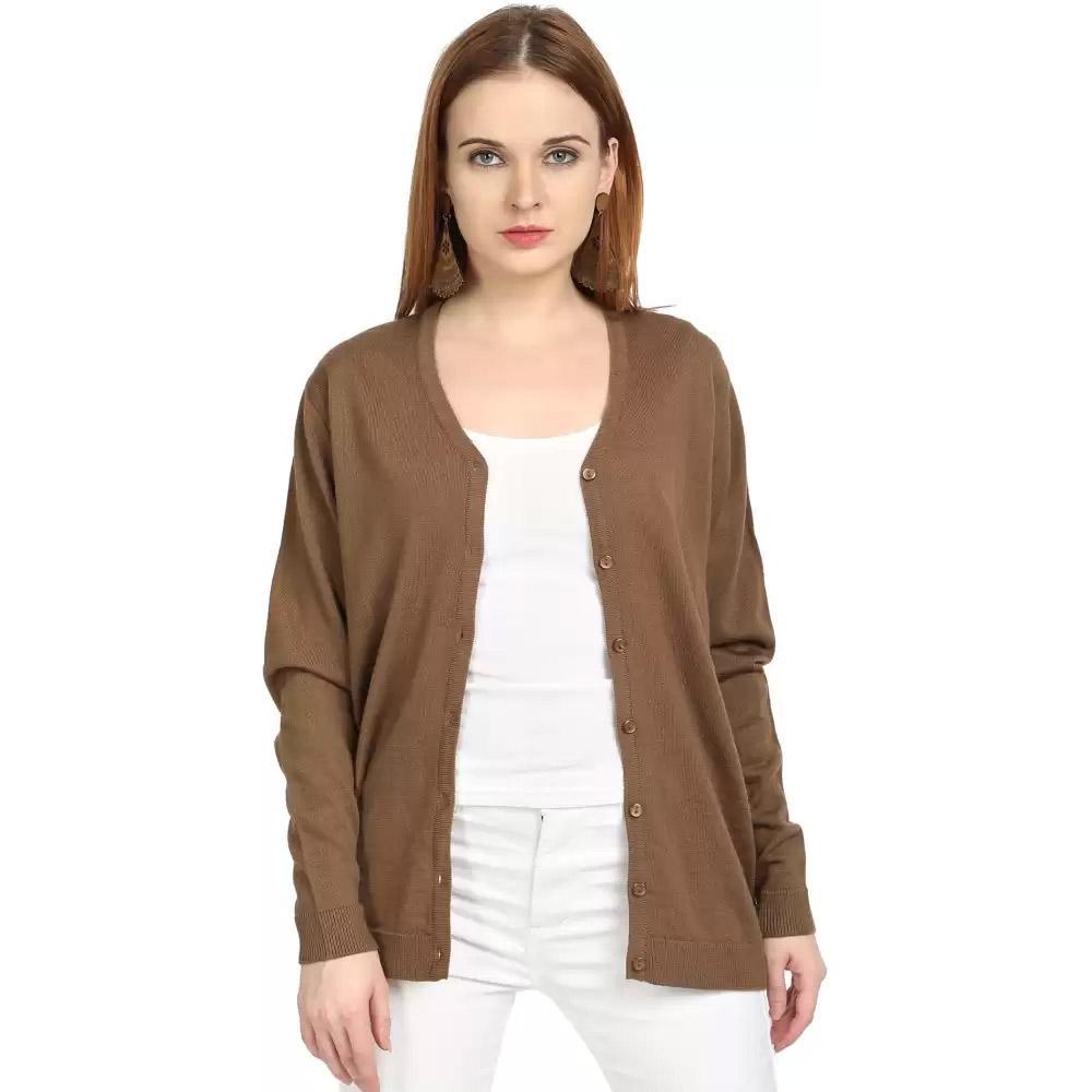 Companion Solid V Neck Casual Women Brown Sweater