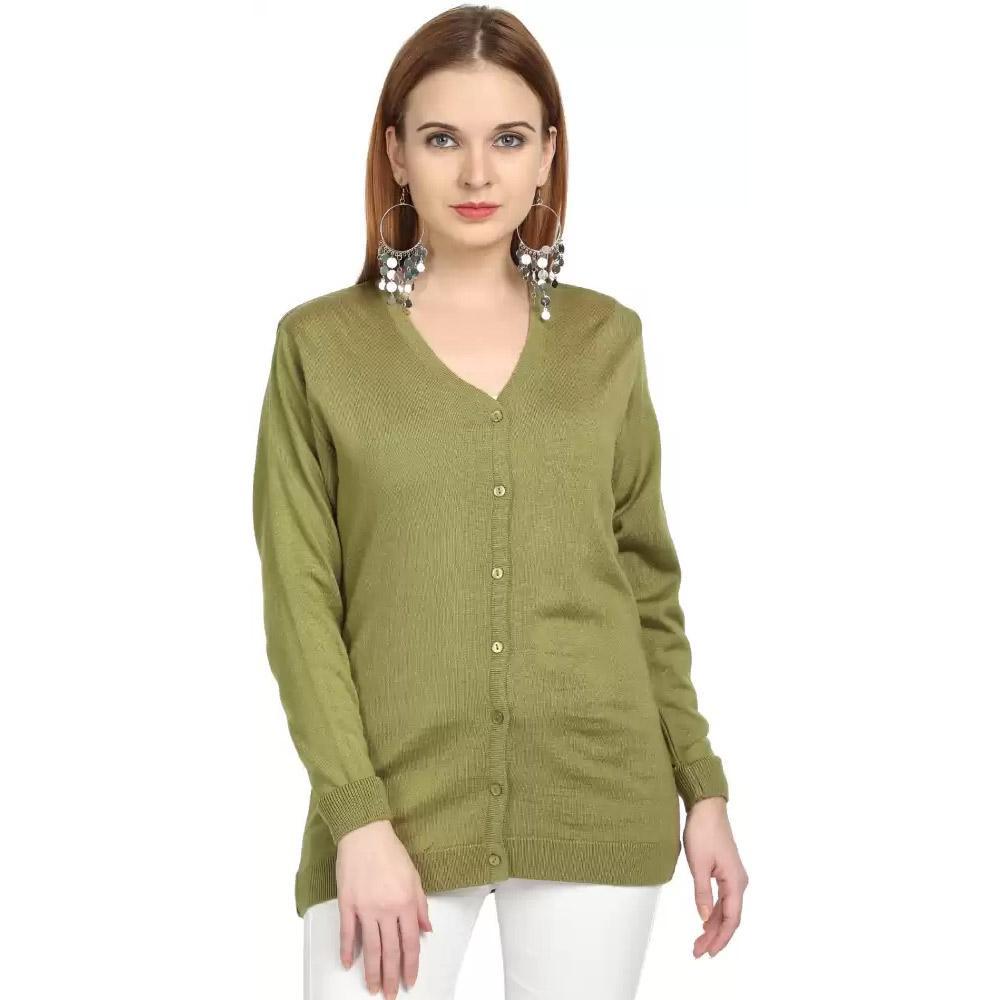 Companion Solid V Neck Casual Women Green Sweater