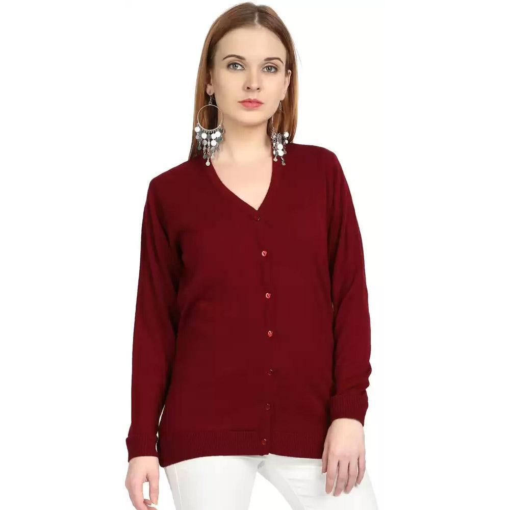 Companion Solid V Neck Casual Women Maroon Sweater