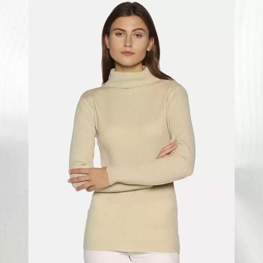 Companion Solid High Neck Casual Women Beige Sweater