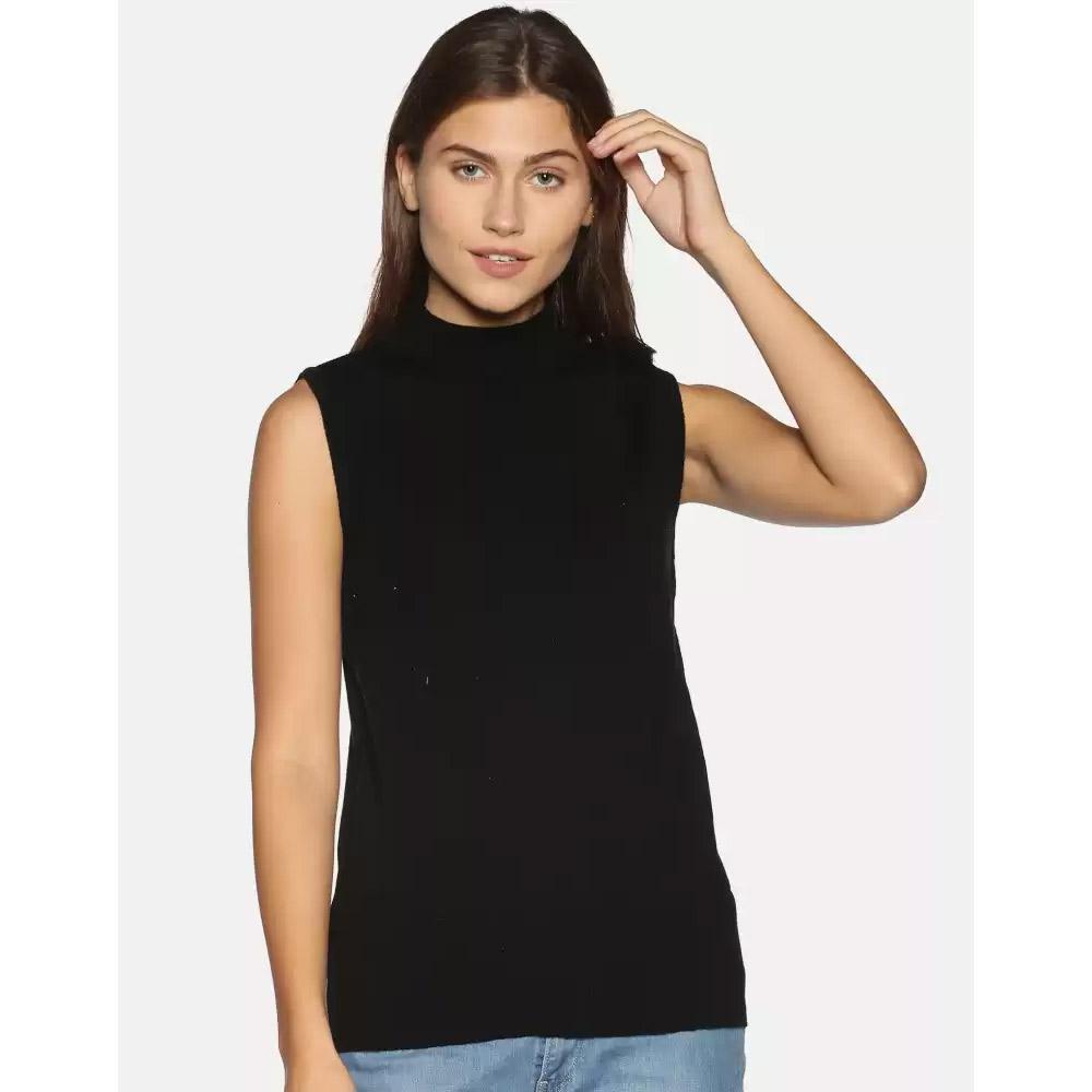Companion Solid High Neck Casual Women Black Sweater Sleeveless