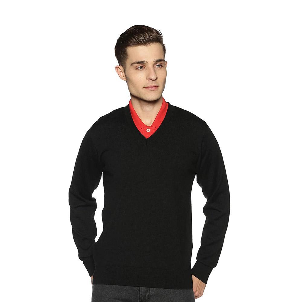 Companion Solid V Neck Casual Men Black Sweater