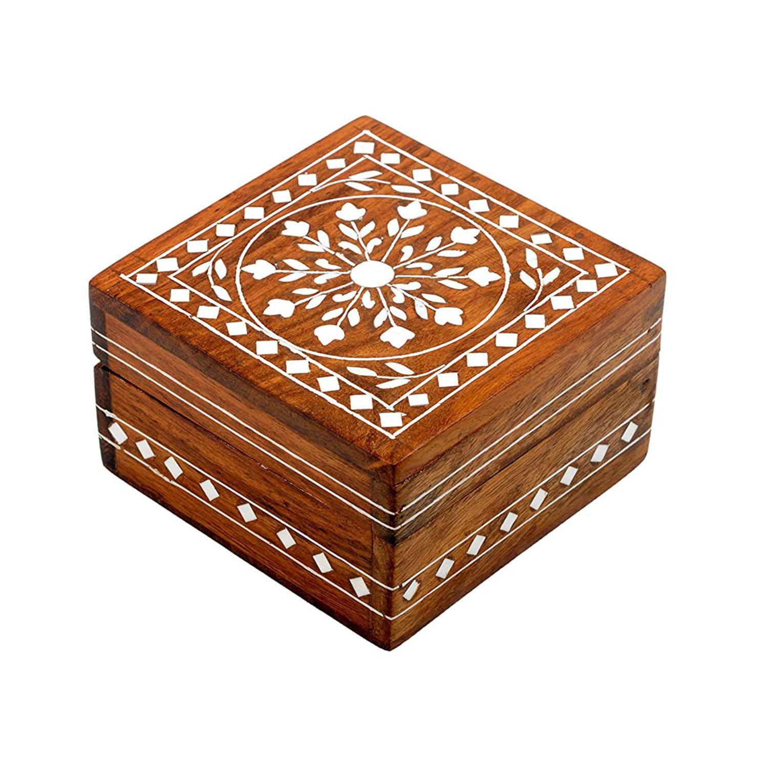 KBL Wooden Jewellery Box for Women Jewel Organizer Handcrafted/Handicraft Gift Items - 4 Inch x 4 inch Small (Brown)
