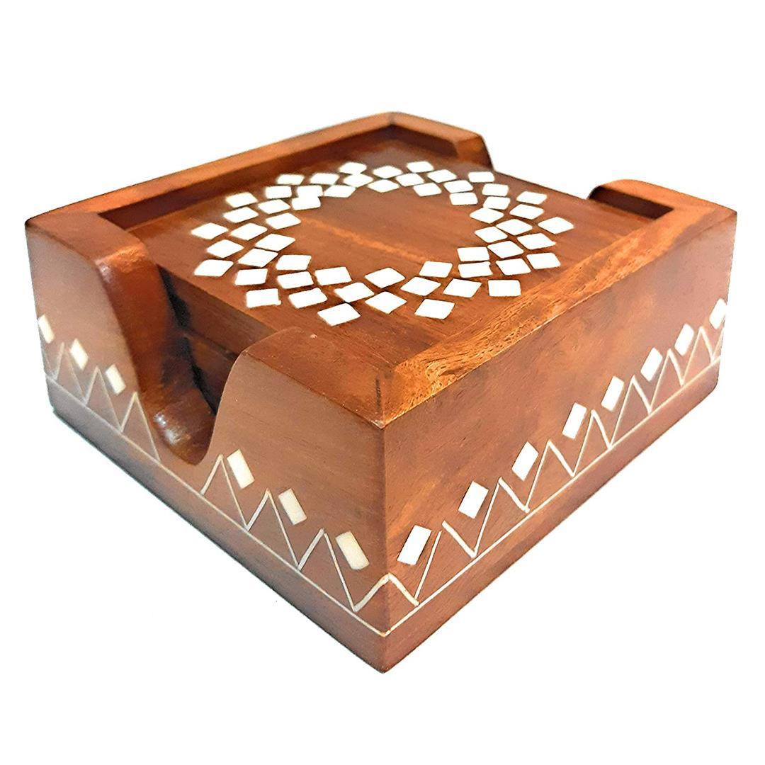 KBL Wooden Handmade Set of 6 with Decorative Holder Tabletop Coasters for Tea Coffee Cups Mugs Beer Cans Bar Glass Indian Handicrafts(4inchx4inch) Square