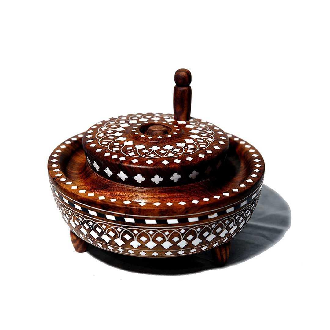 KBL Handmade Sheesham Wood Chakki Inlaid with Acrylic (Brown) 6 inch