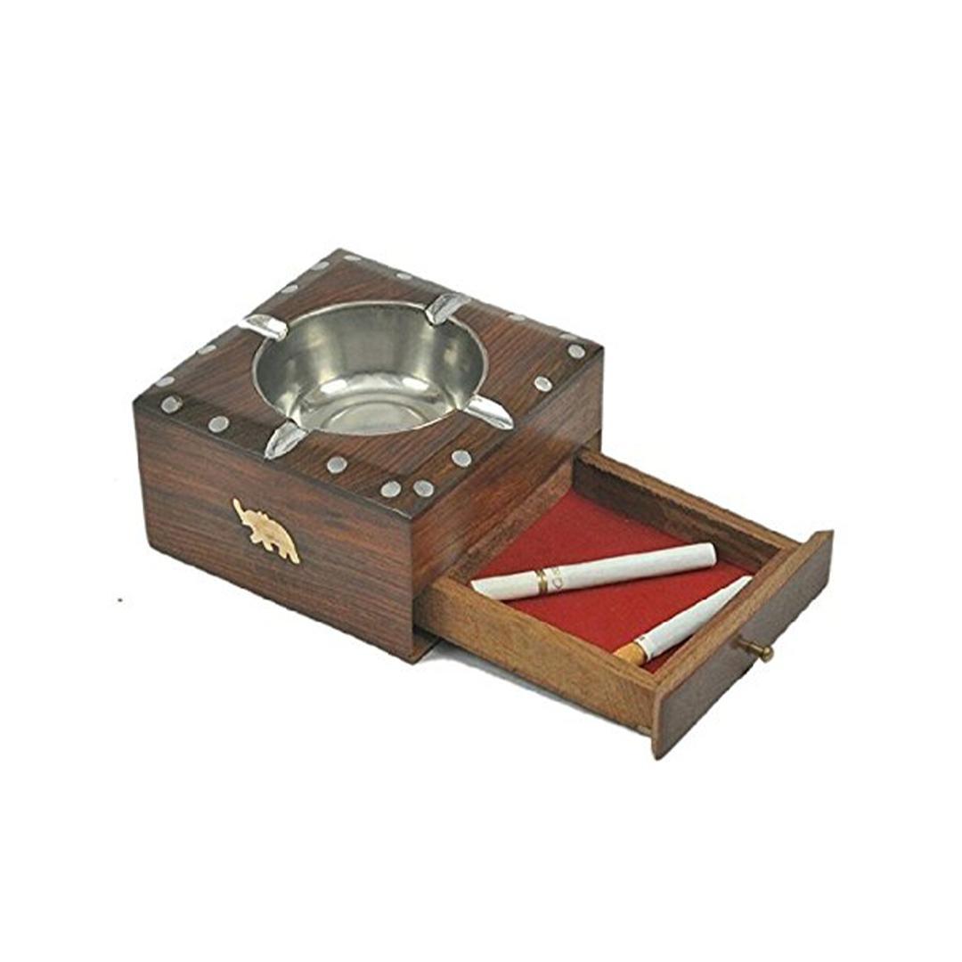 KBL Table Top Decorative Handmade Sheesham Wooden Ashtray with Drawer (Cigarette/Cigrate/Cigar Holder) (5 inch, Brown)