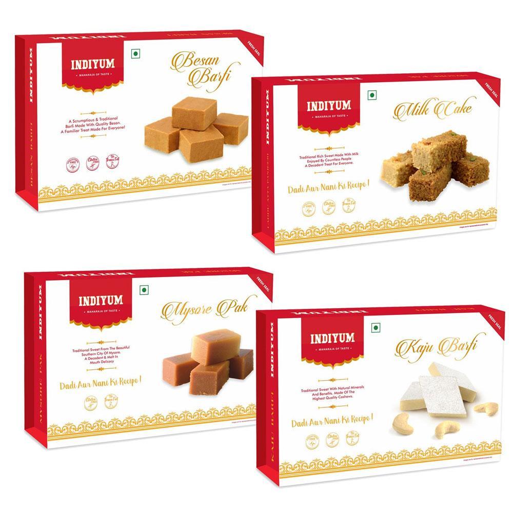 Indiyum Sweet Combo Pack Besan Barfi, Mysore Pak,Milk Cake, Kaju Barfi 200g Each