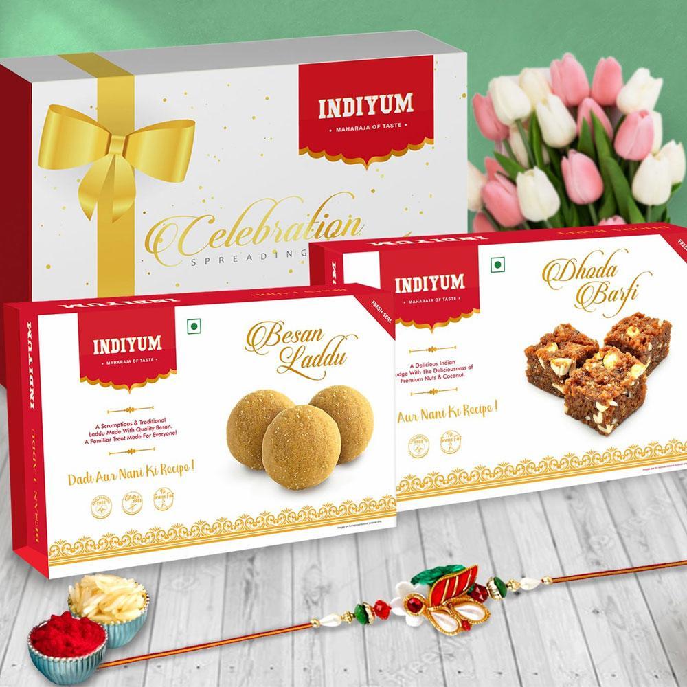 Indiyum Rakhi Sweet Combo Gift Pack For Brother Sister Bhaiya Didi Bhai Bhen - Dhoda Barfi 200g Besan Laddu 200g Rakhi Roli Chawal