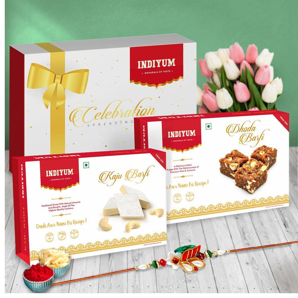 Indiyum Rakhi Sweet Combo Gift Pack For Brother Sister Bhaiya Didi Bhai Bhen - Dhoda Barfi 200g Kaju Barfi 200g Rakhi Roli Chawal