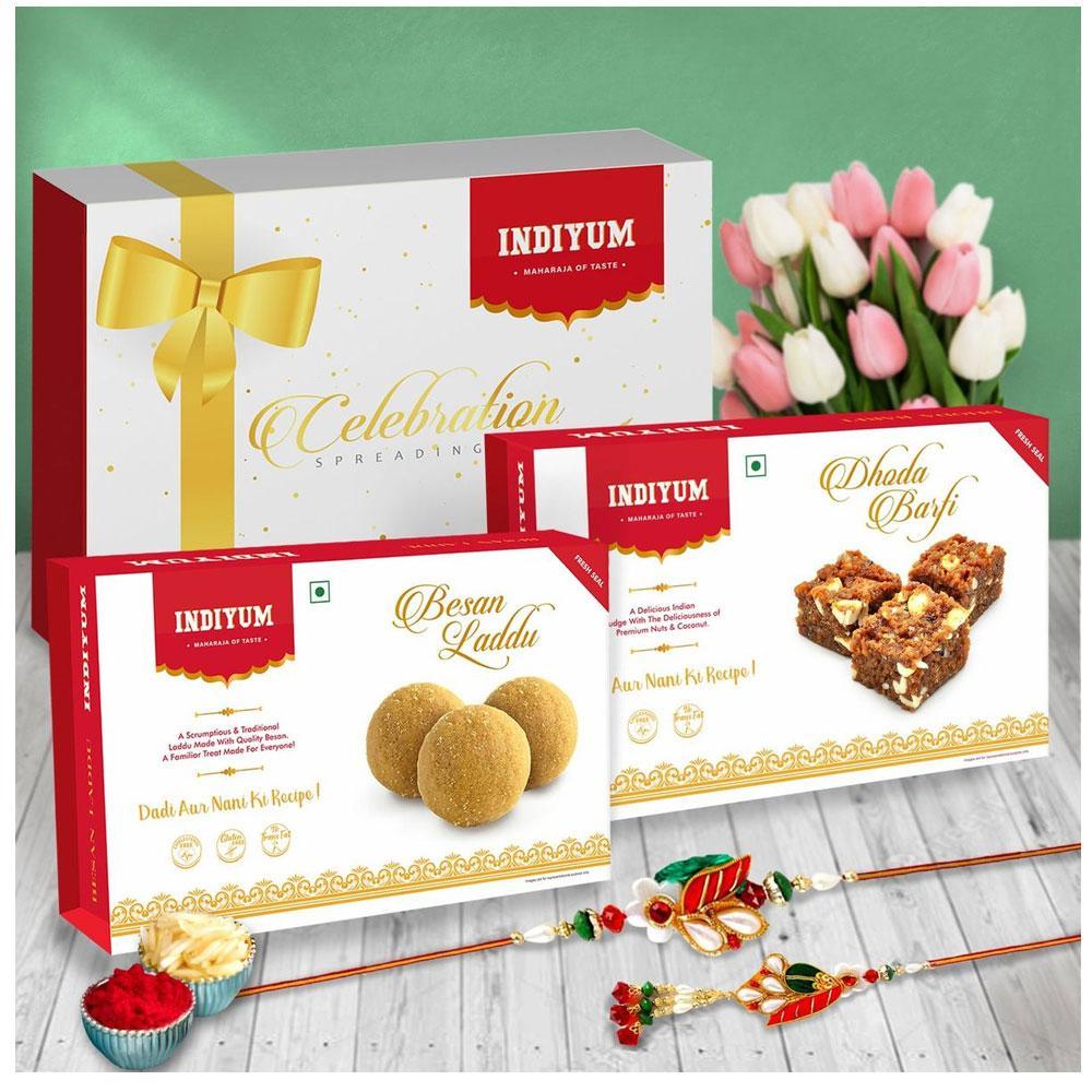 Indiyum Rakhi Sweet Combo Gift Pack For Bhaiya Bhabhi - Dhoda Barfi 200g Besan Laddu 200g Bhaiya Bhabhi Rakhi Roli Chawal