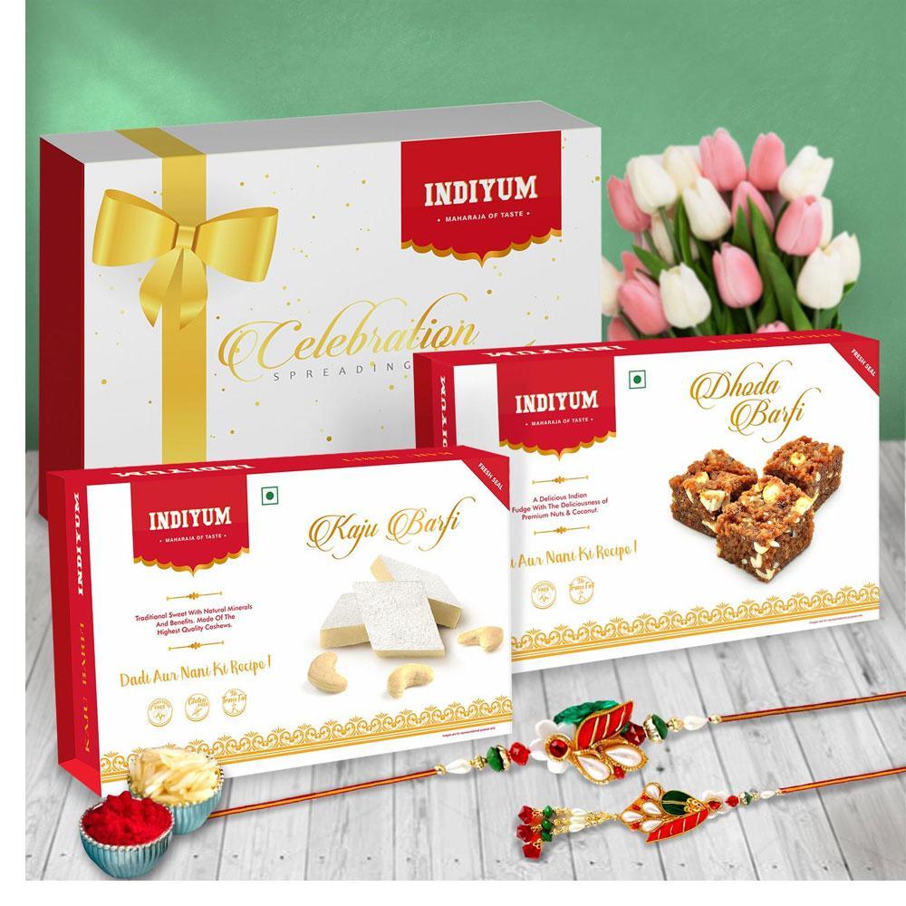 Indiyum Rakhi Sweet Combo Gift Pack For Bhaiya Bhabhi - Dhoda Barfi 200g Kaju Barfi 200g Bhaiya Bhabhi Rakhi Roli Chawal