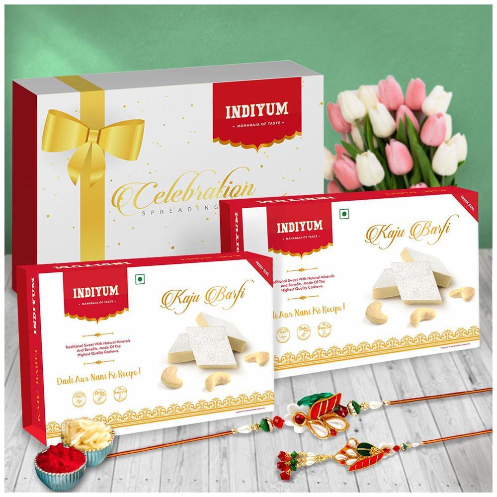 Indiyum Rakhi Sweet Combo Gift Pack For Bhaiya Bhabhi - Kaju Barfi 400g (200g X 2) Rakhi Roli Chawal