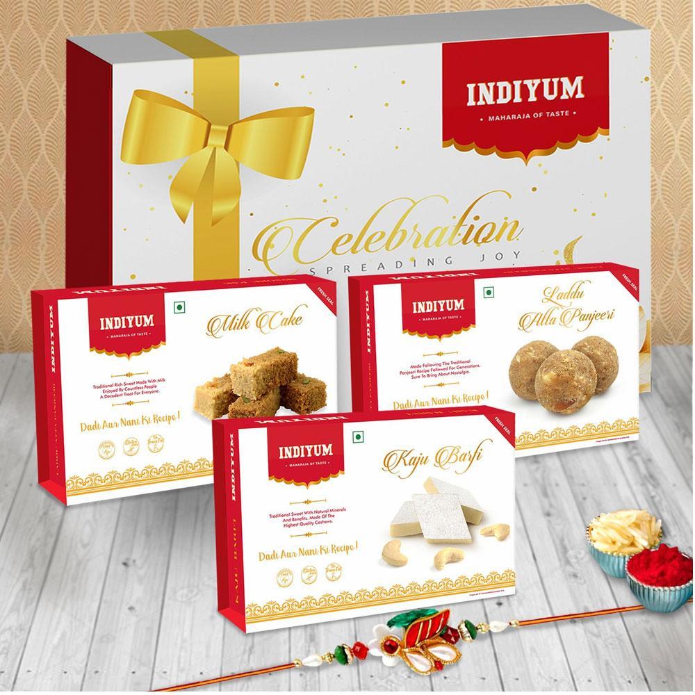 Indiyum  Sweet Combo Rakhi Hamper For Bhaiya - Kaju Barfi 200g Atta Panjeeri Laddu 200g Milk Cake 200g Rakhi For Brother Roli Chawal