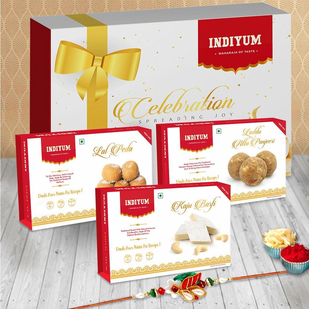 Indiyum  Sweet Combo Rakhi Hamper For Bhaiya - Kaju Barfi 200g Atta Panjeeri Laddu 200g Lal Peda 200g Rakhi For Brother Roli Chawal