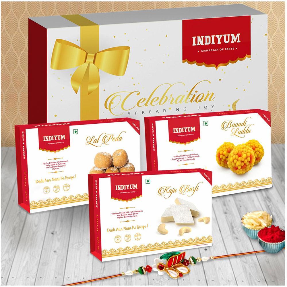 Indiyum  Sweet Combo Rakhi Hamper For Bhaiya - Kaju Barfi 200g Boondi Laddu 200g Lal Peda 200g Rakhi For Brother Roli Chawal