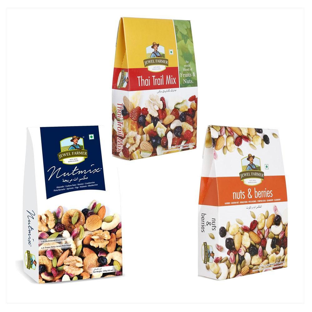 Jewel Farmer Combo Pack of 3 -Thai Trail Mix  200g, Nuts & Berries 200g,  Cholesterol Free Nutmix 200g 
