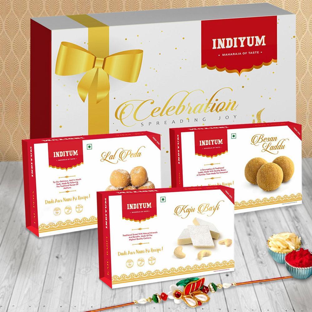 Indiyum  Sweet Combo Rakhi Hamper For Bhaiya - Kaju Barfi 200g Besan Laddu 200g Lal Peda 200g Rakhi For Brother Roli Chawal