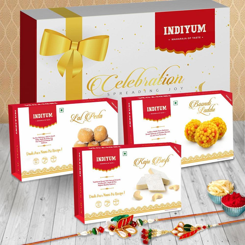 Indiyum Rakhi Sweet Combo Gift Pack For Bhaiya Bhabhi - Kaju Barfi 200g Boondi Laddu 200g Lal Peda 200g Rakhi For Bhaiya Bhabhi Roli Chawal