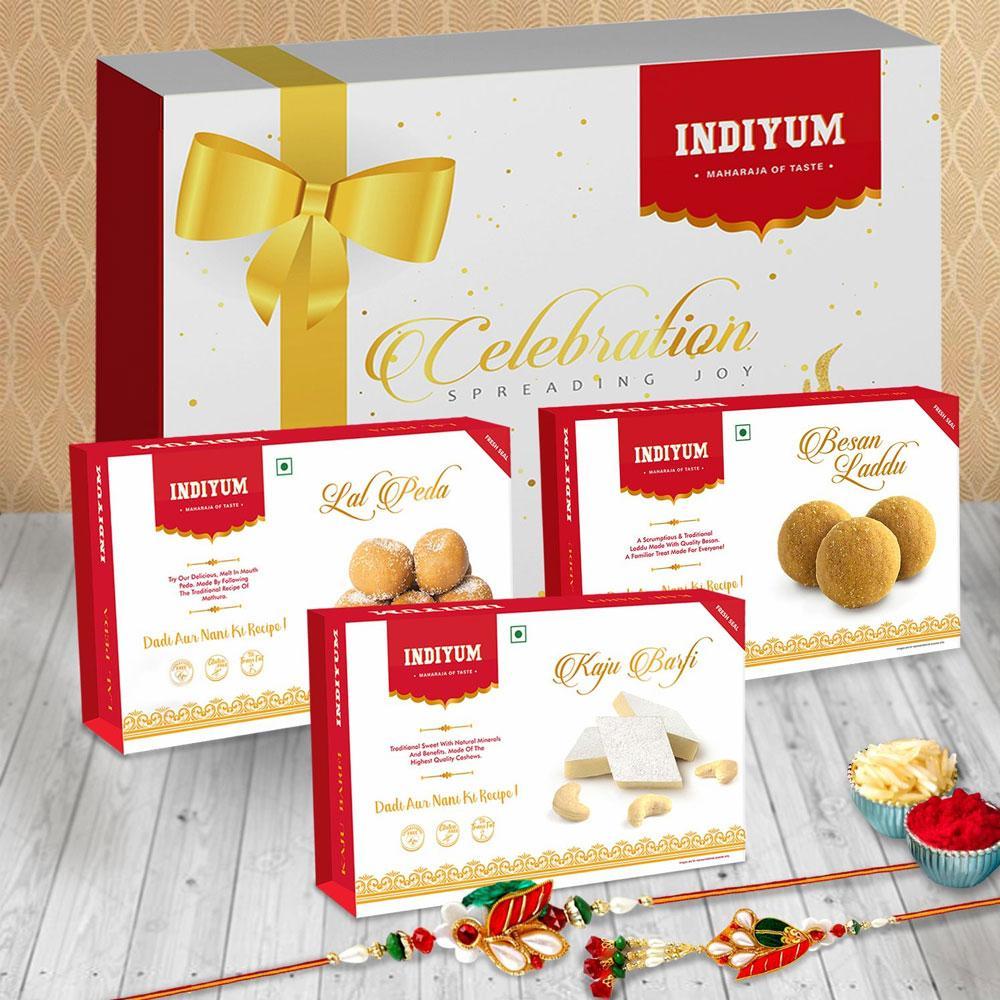 Indiyum Rakhi Sweet Combo Gift Pack For Bhaiya Bhabhi - Kaju Barfi 200g Besan Laddu 200g Lal Peda 200g Rakhi For Bhaiya Bhabhi Roli Chawal