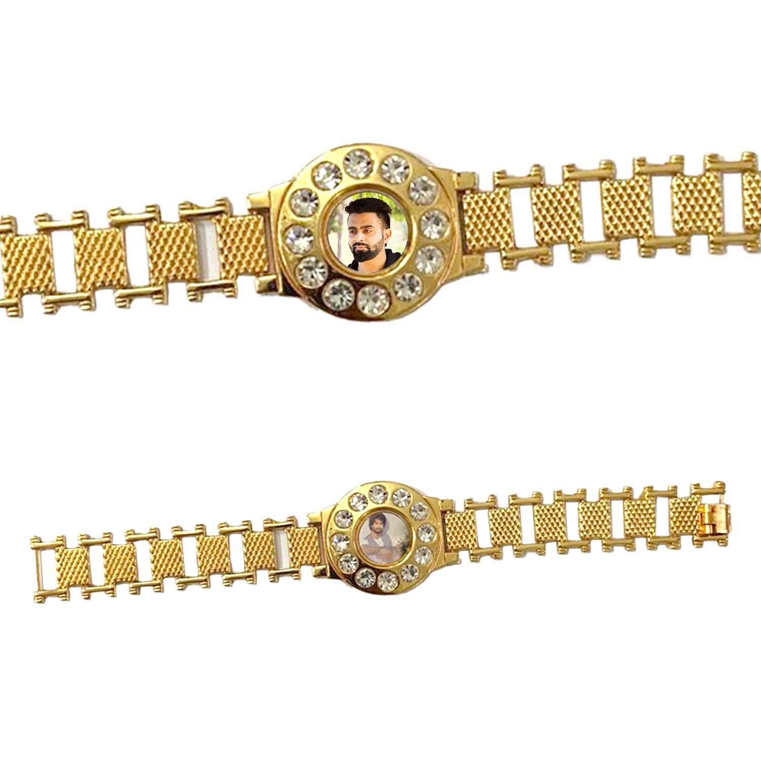 G&A Golden Bracelet Style Personalised Photo Rakhi Circular