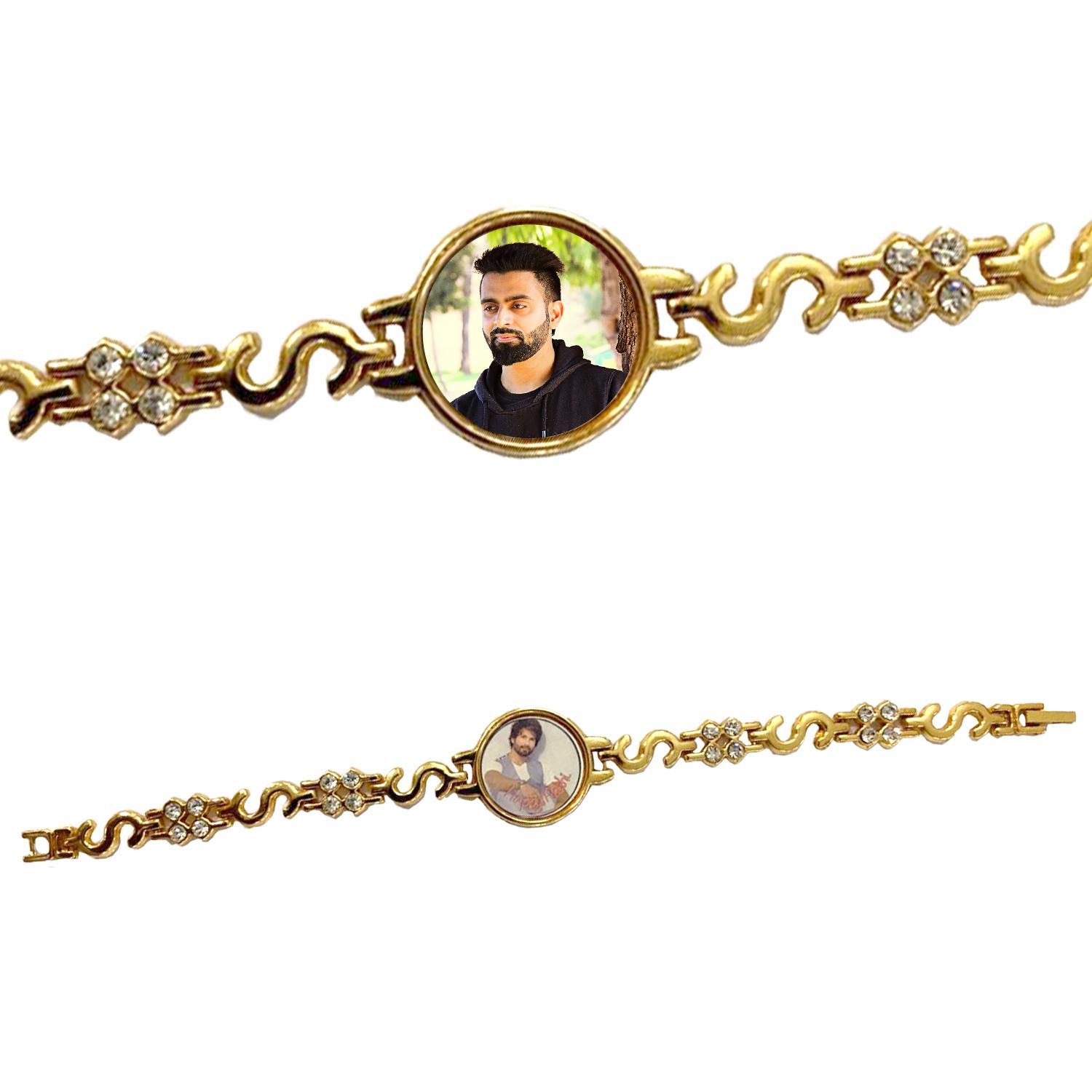 G&A Golden Bracelet Style Personalised Photo Rakhi Circular