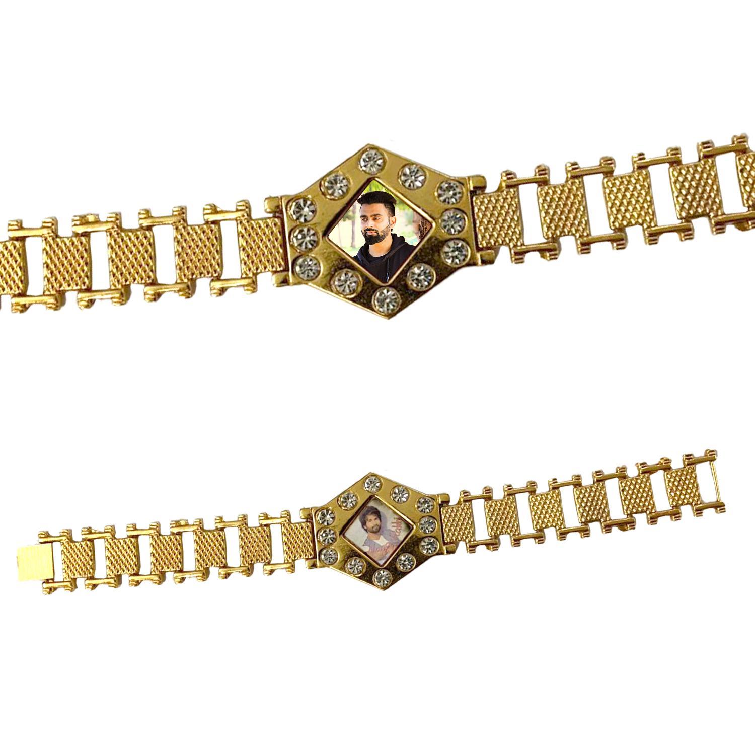 G&A Golden Bracelet Style Personalised Photo Rakhi Square