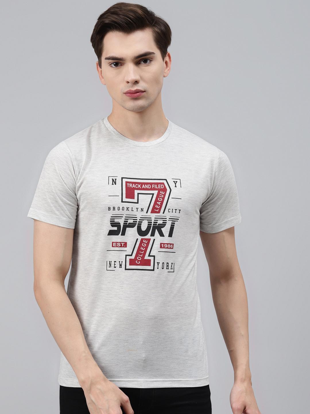 PICOT Men Grey Melange & Black Printed T-shirt