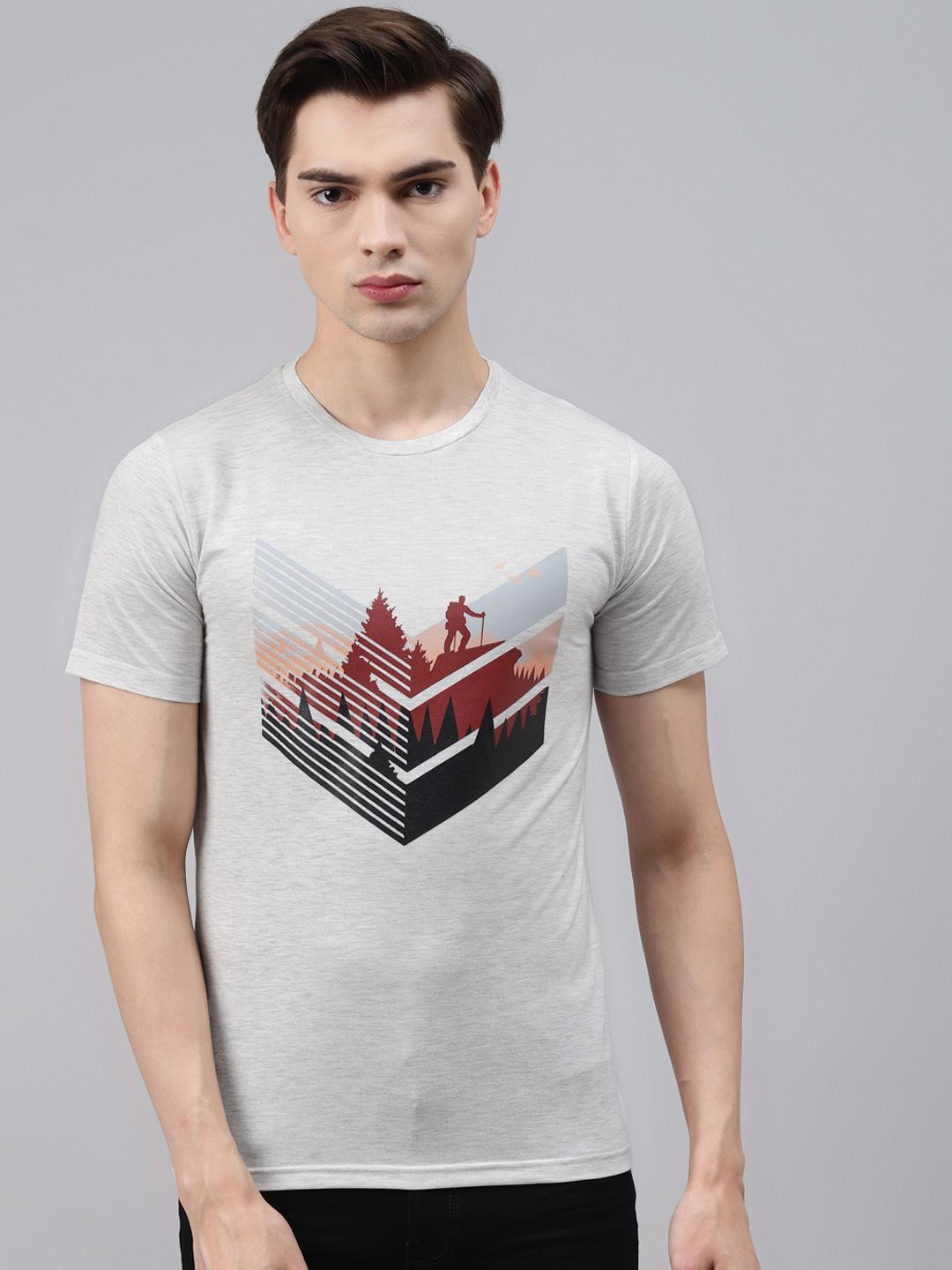 PICOT Men Grey Printed Round Neck T-shirt