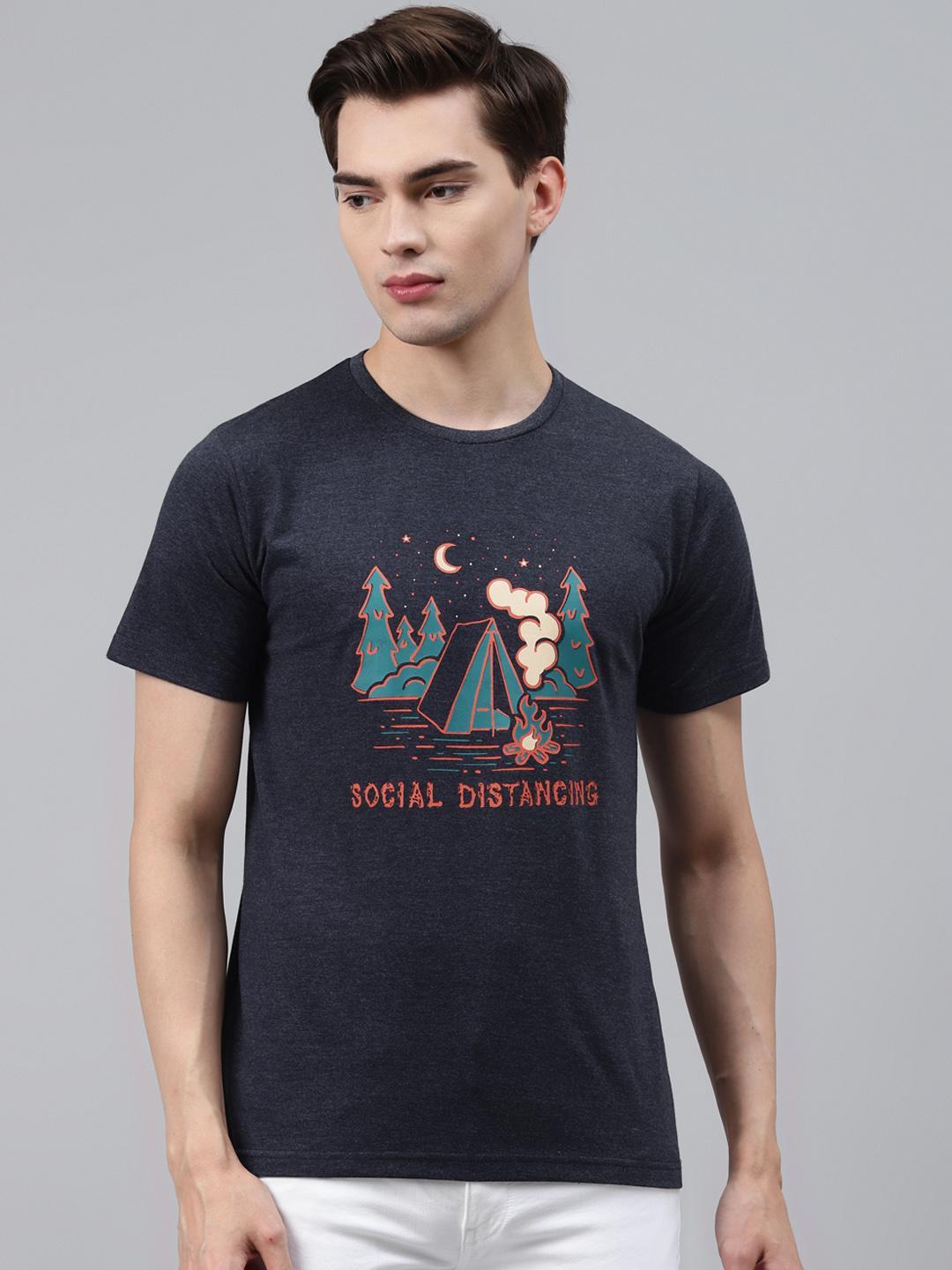 PICOT Men Navy Blue Printed Round Neck T-shirt