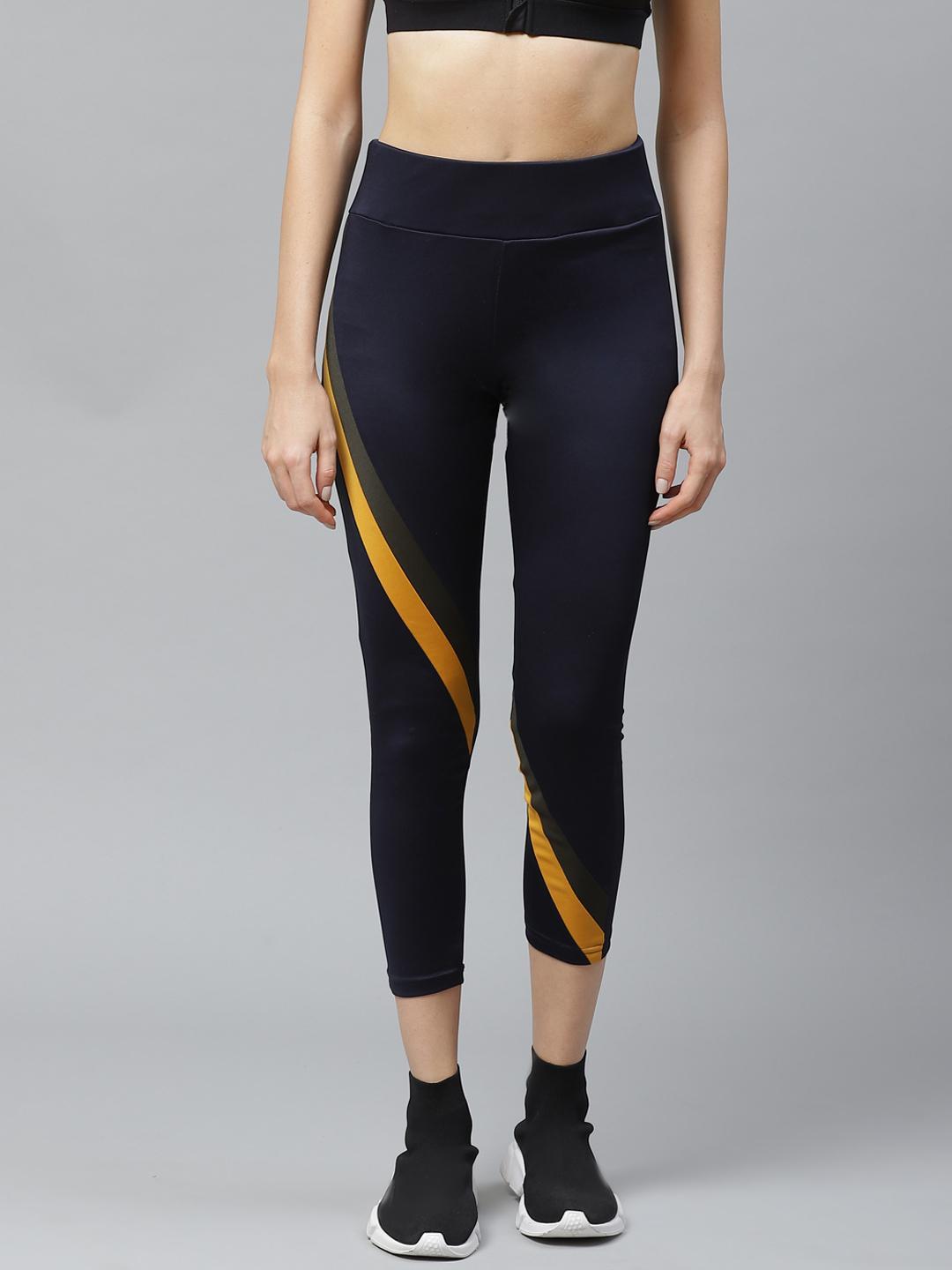 PICOT Women Navy Blue & Mustard Yellow Striped Cropped Tights
