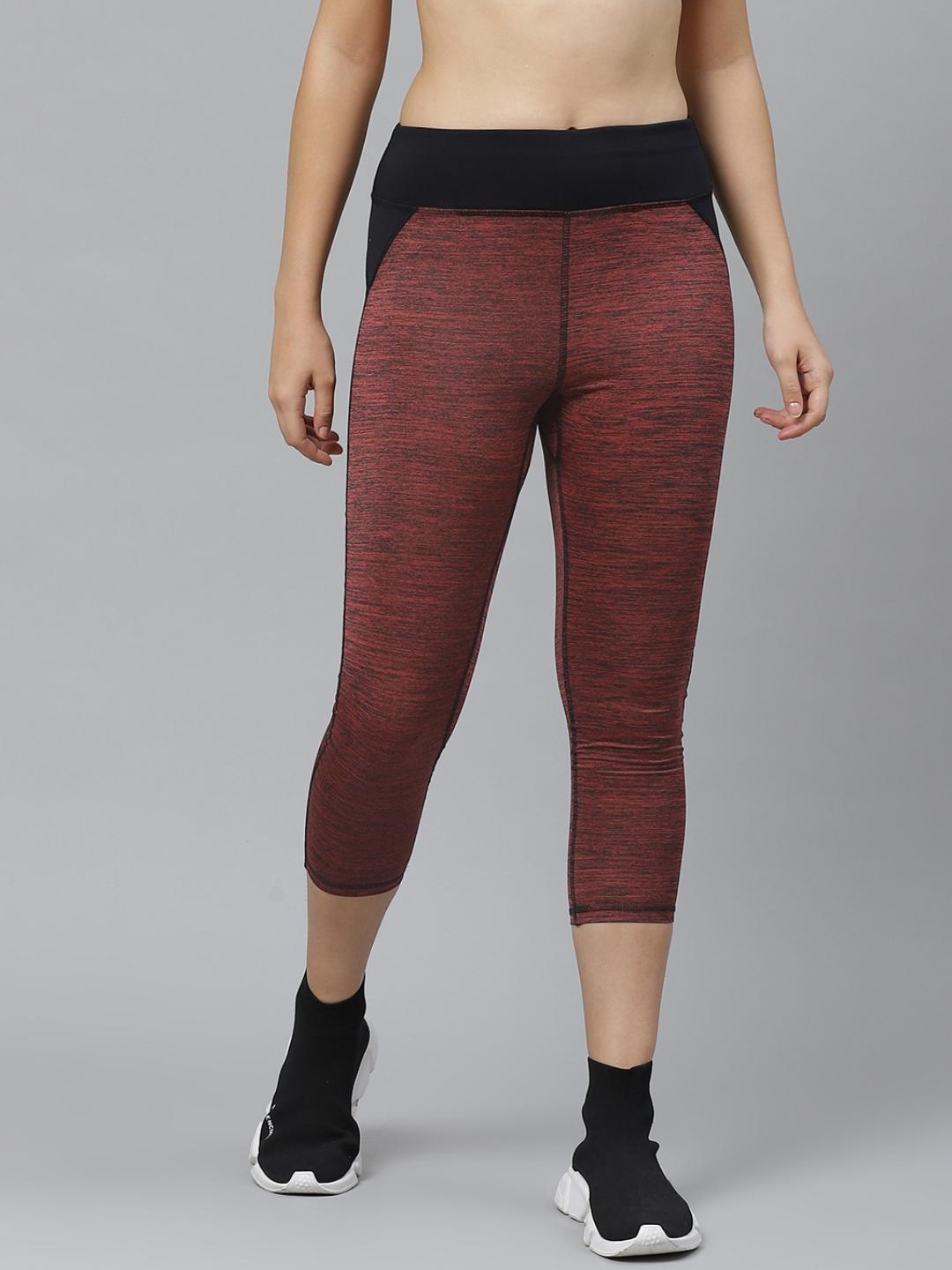 PICOT Women Rust Red & Black Solid 3/4th Tights with Melange Effect