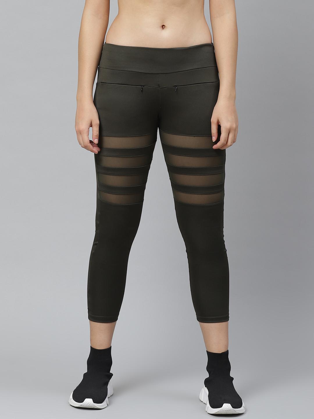 PICOT Women Olive Green Solid Cropped Tights with Mesh Detail