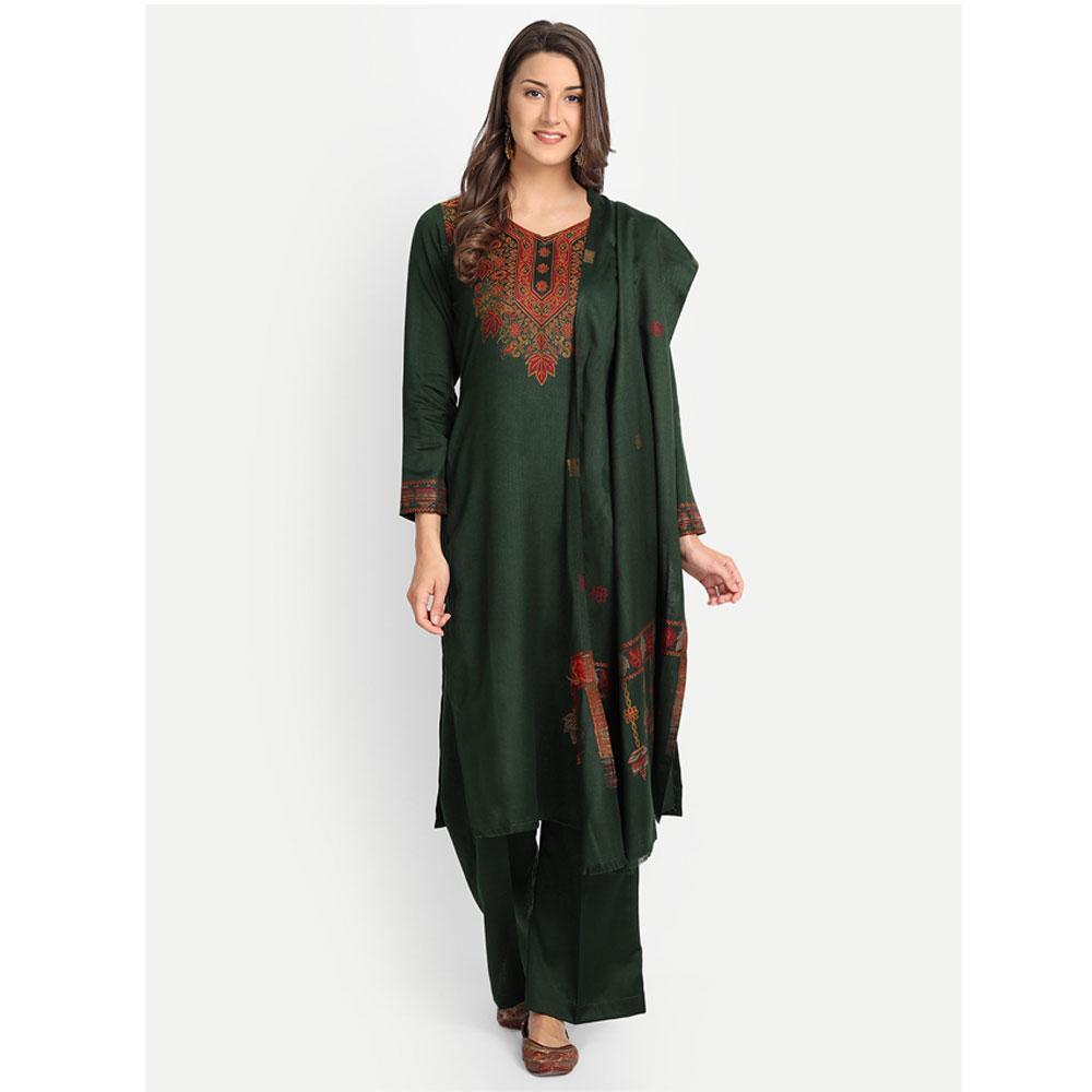Hemkunt Fabrics Viscose Printed Unstitched Kurta & Palazzo Material (Bottle Green)