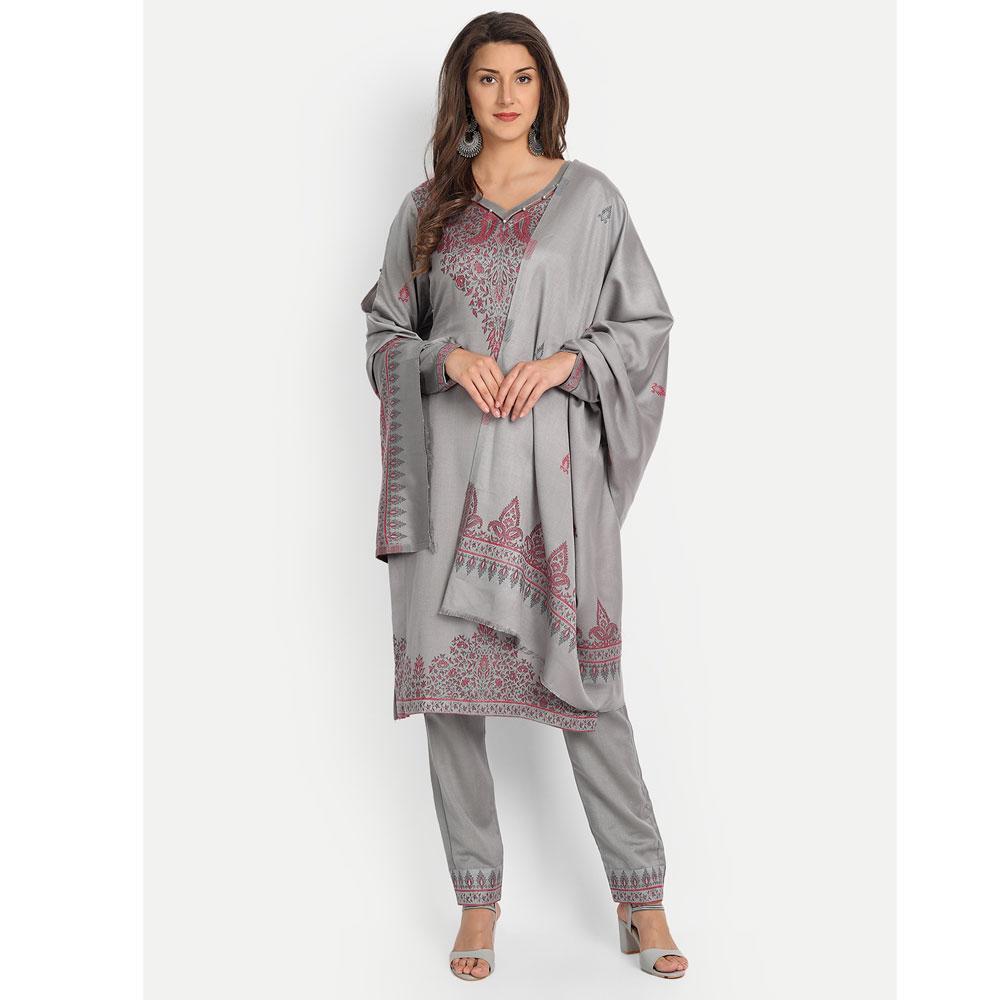Hemkunt Fabrics Viscose Printed Unstitched Kurta & Palazzo Material (Light Grey)