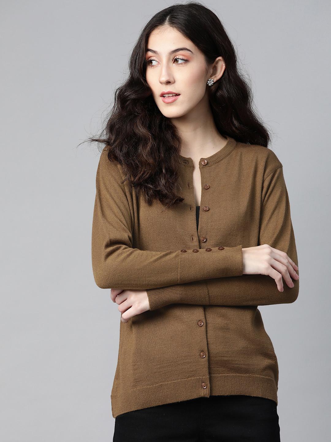 Women Brown Round Neck Cardigan With Buttoned Sleeves
