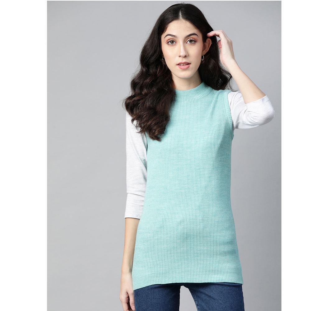 Women Turquoise Blue Mock Neck Top