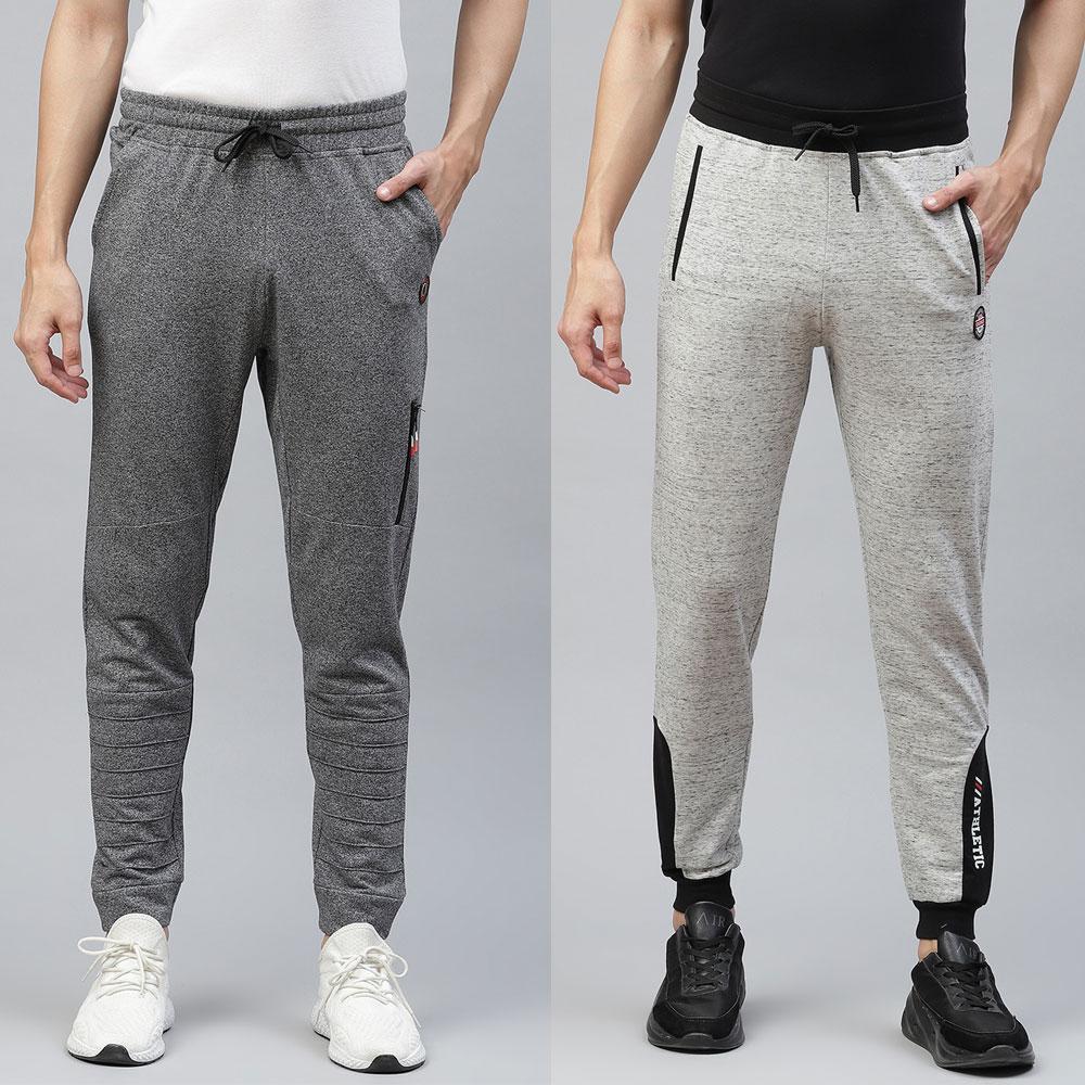 Pack of  2 - Men Grey Melange & Black and Grey Melange & White Cotton Track Pants