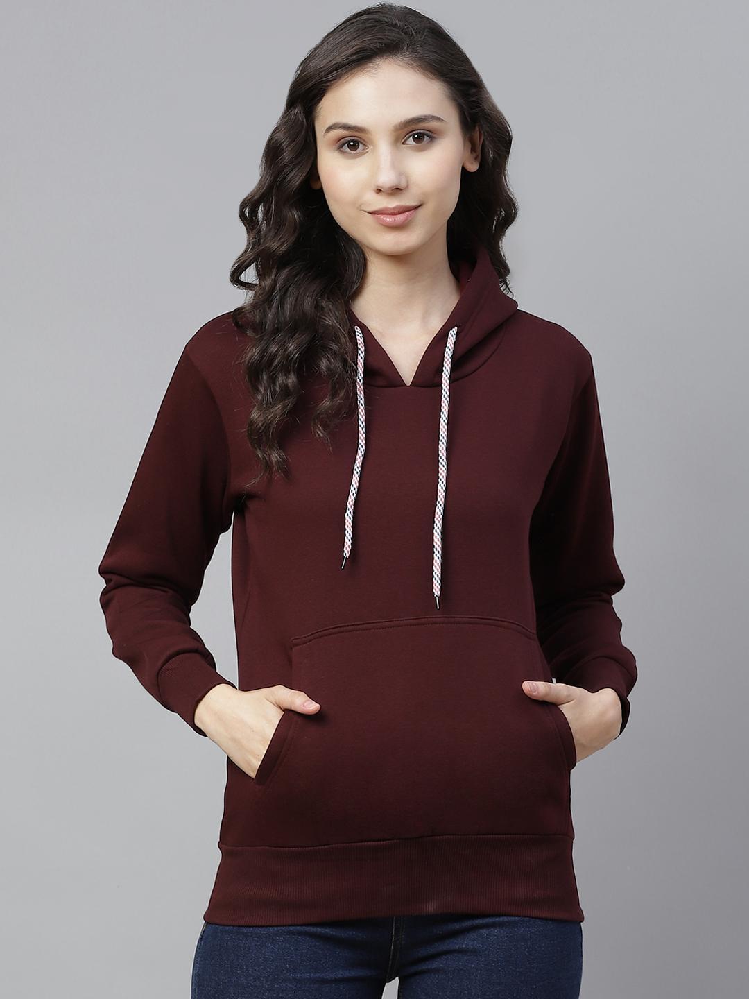 PICOT Women Burgundy Solid Hooded Sweatshirt