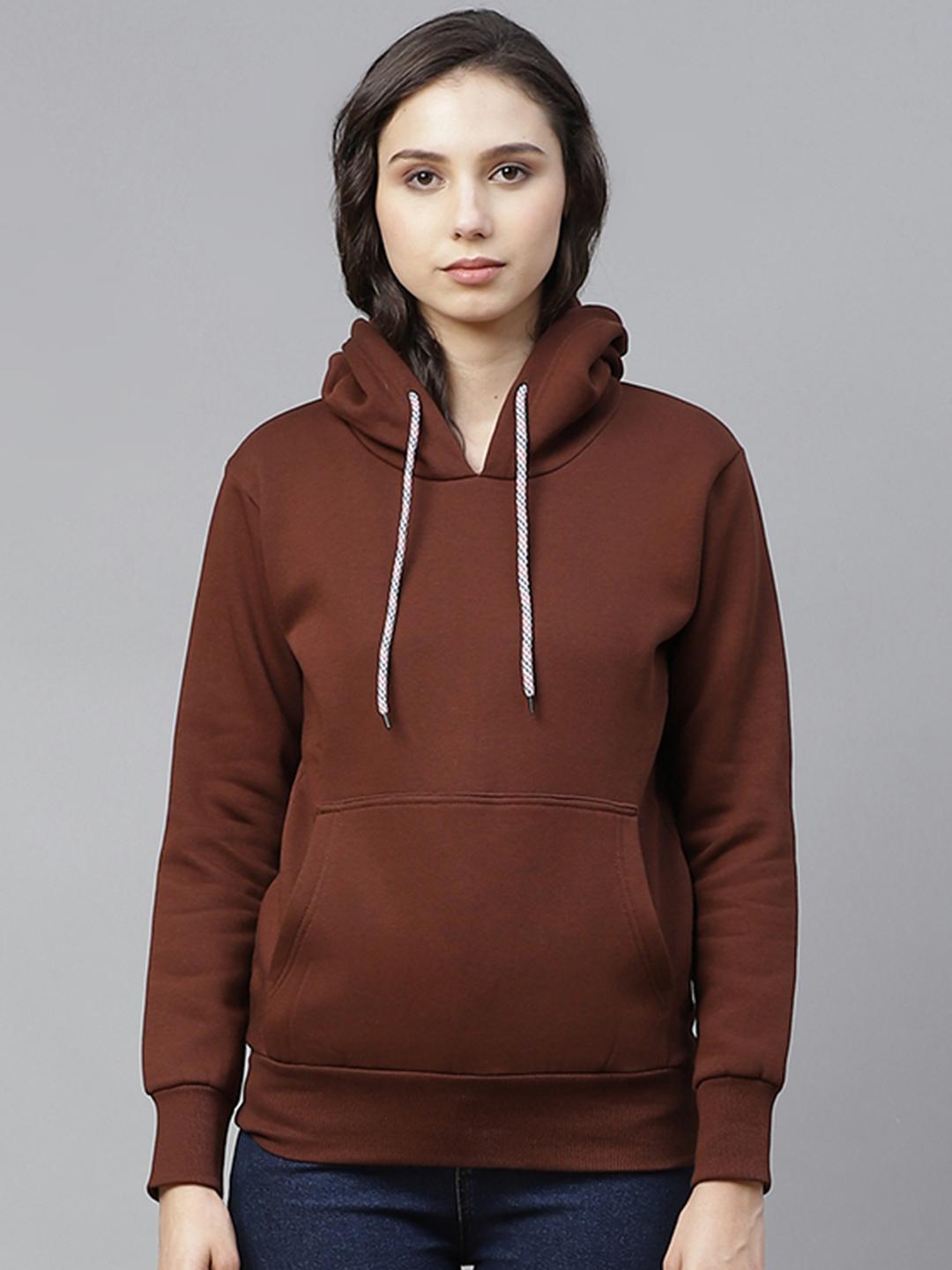 PICOT Women Brown Solid Hooded Sweatshirt