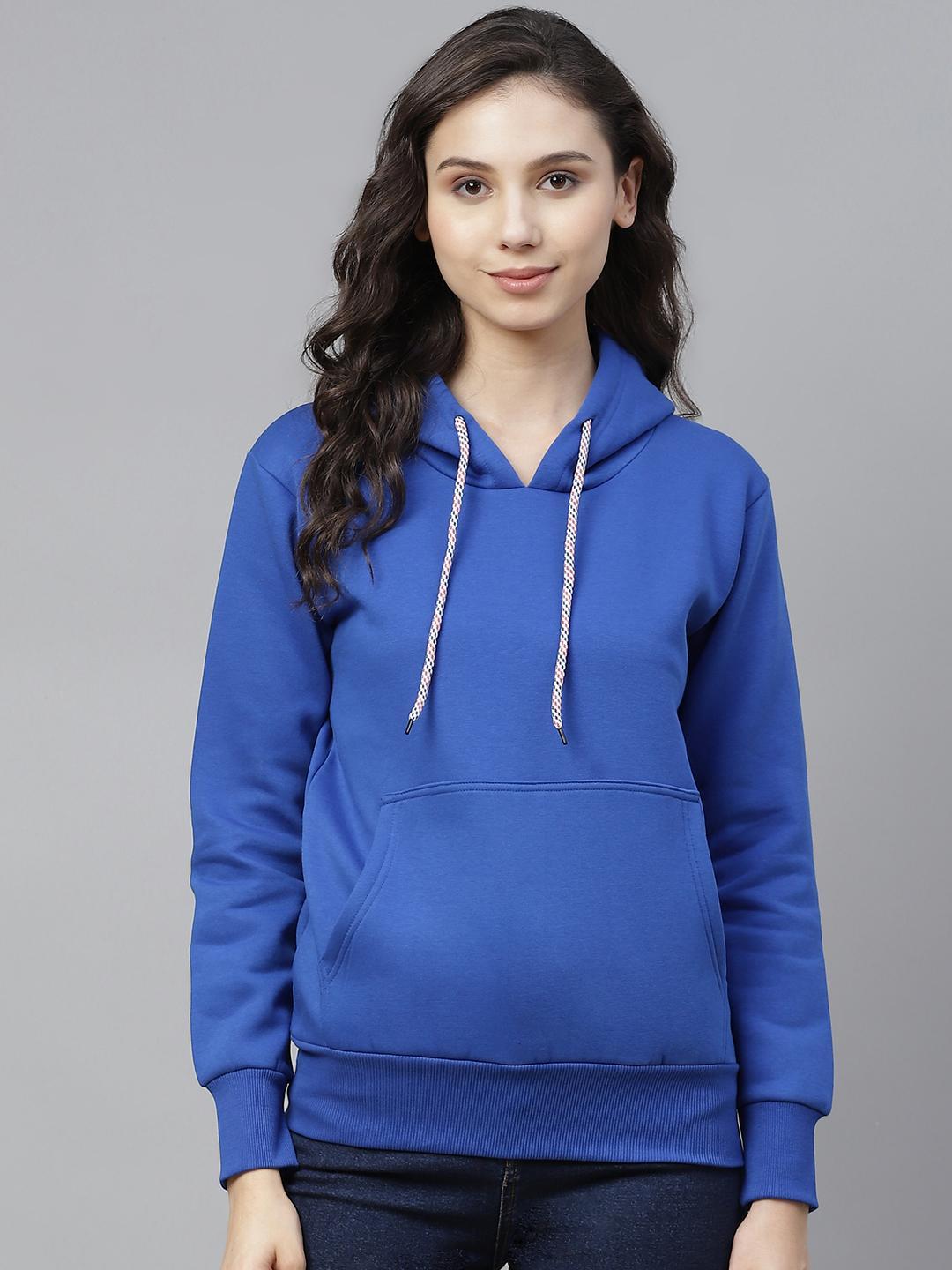 PICOT Women Blue Solid Hooded Sweatshirt