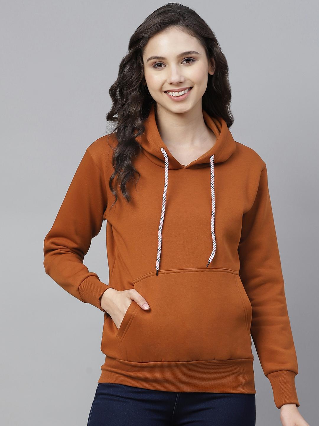 PICOT Women Rust Brown Solid Hooded Sweatshirt