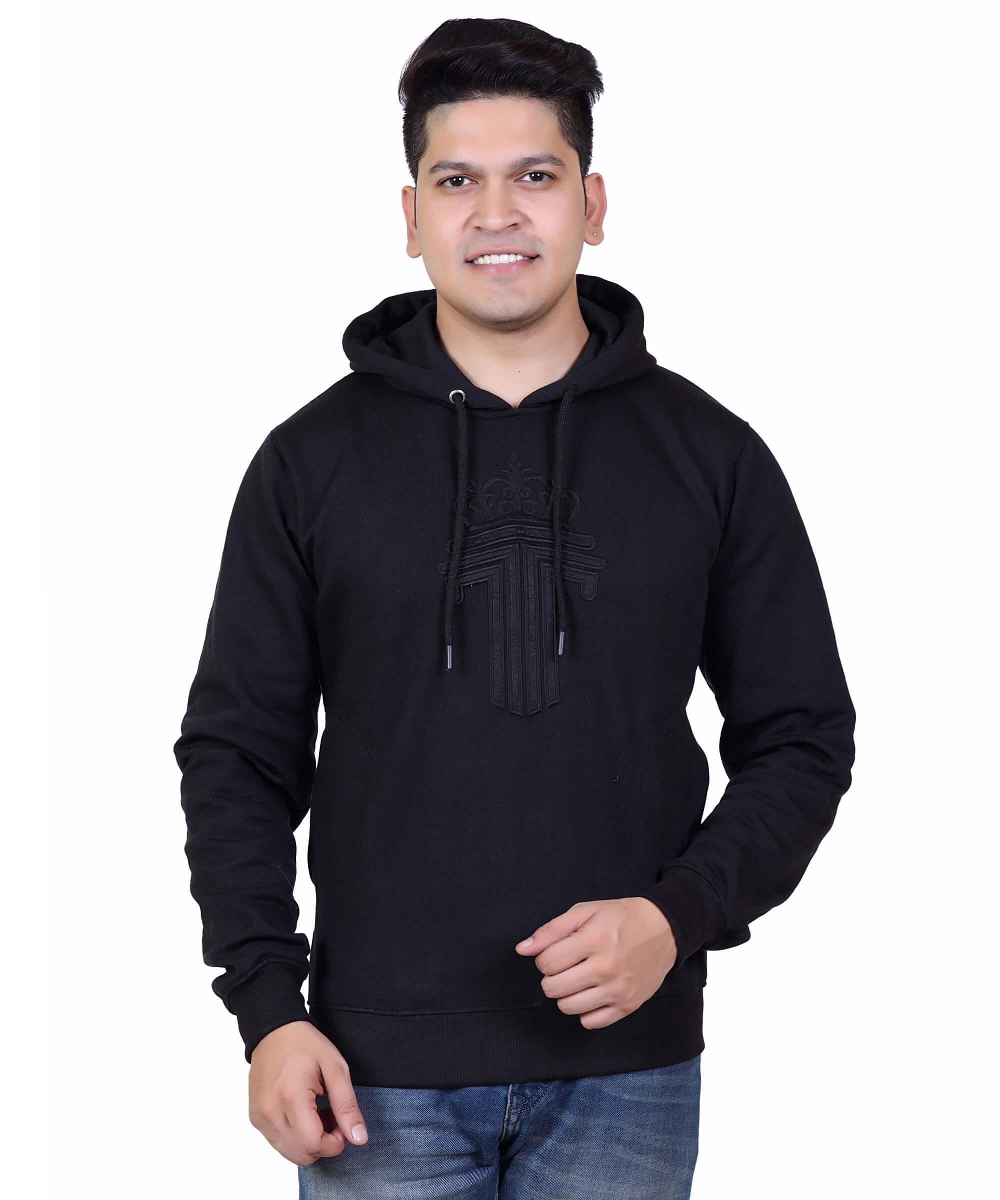 Full Sleeve Embroidered Solid Men Hoodies – Black