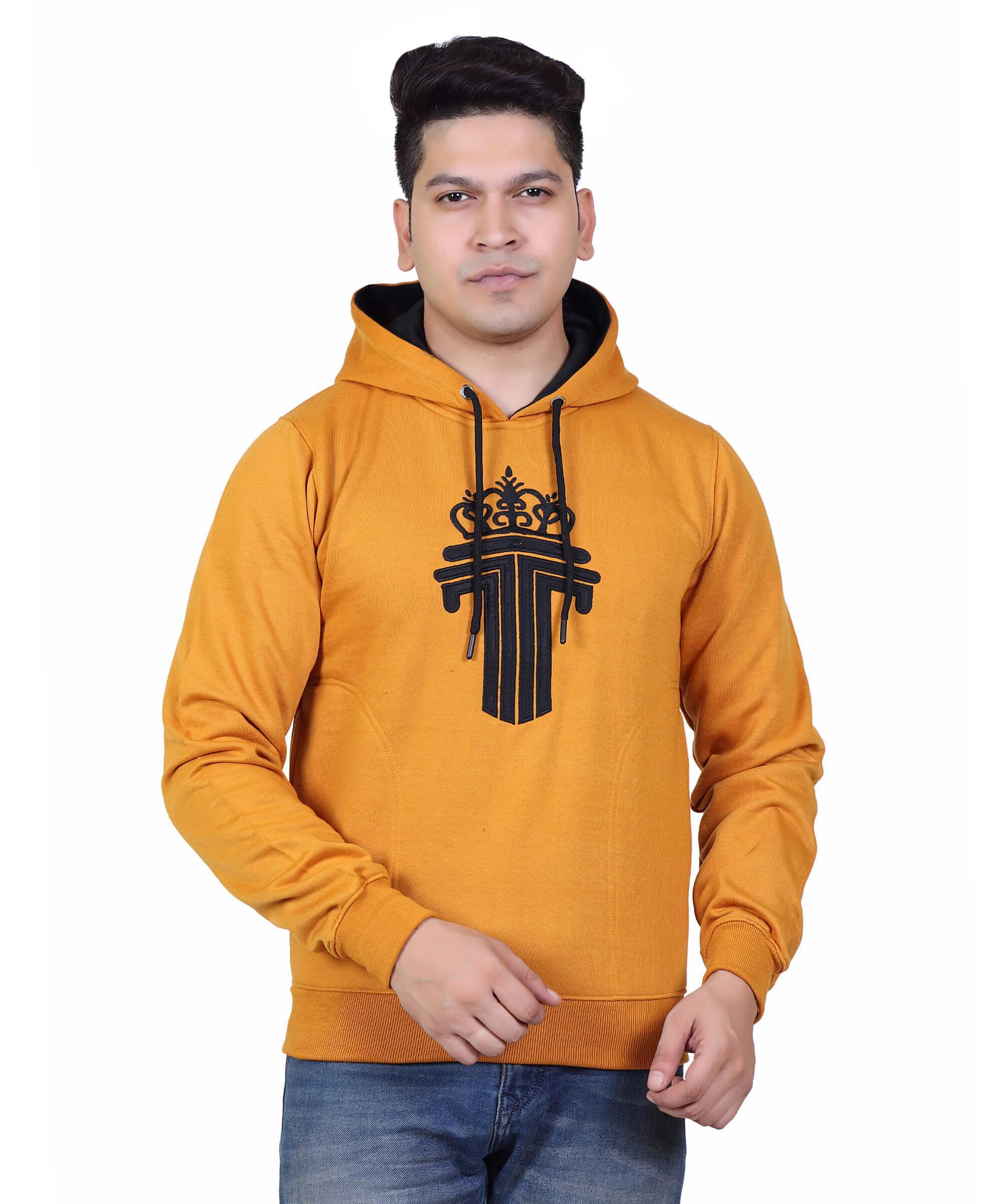 Full Sleeve Embroidered Solid Men Hoodies – Mustard