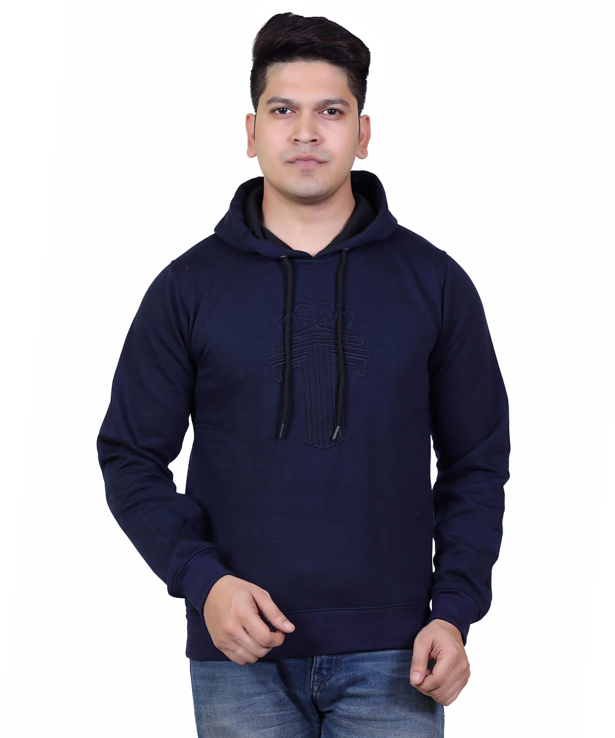 Full Sleeve Embroidered Solid Men Hoodies – Navy Green