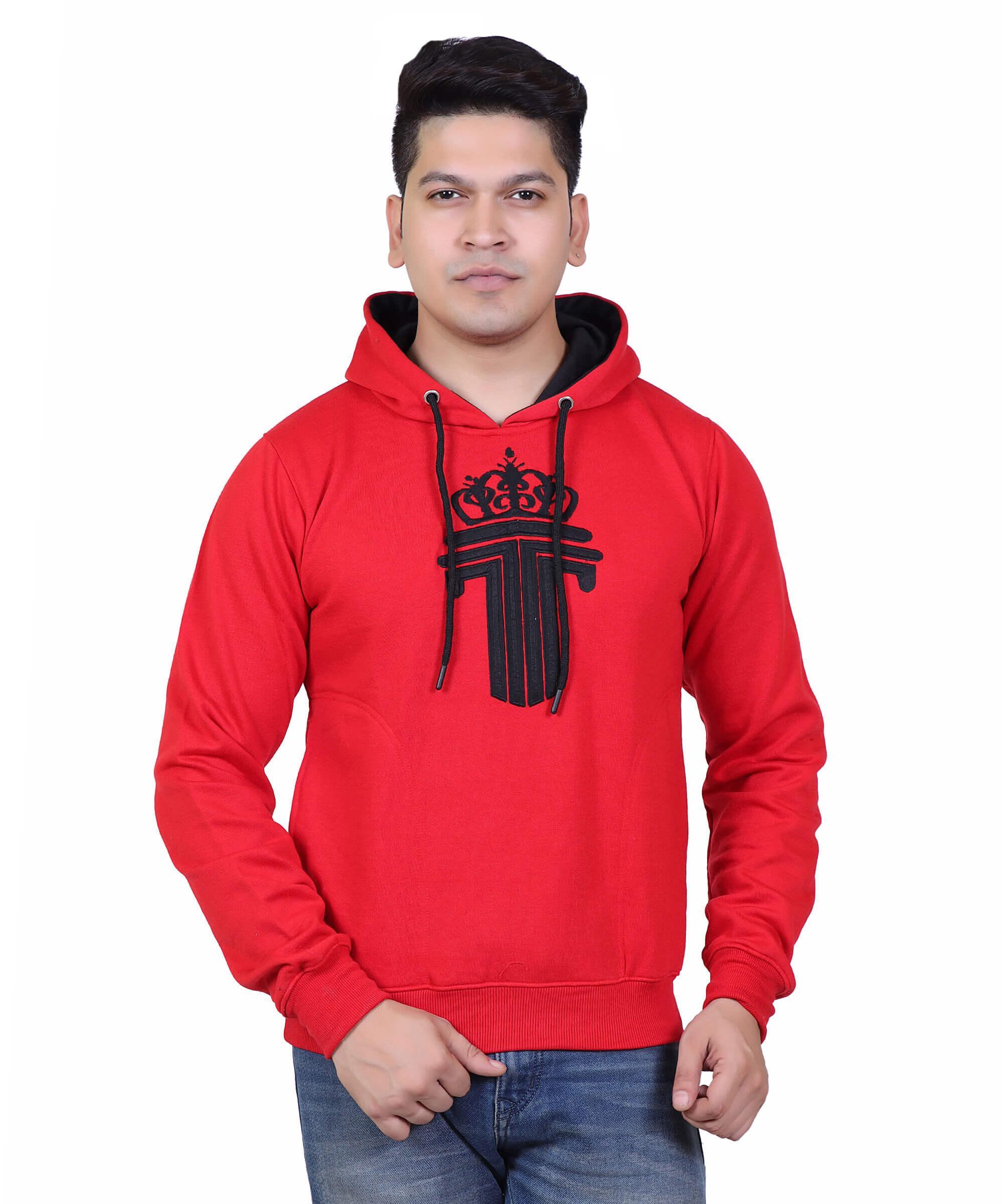 Full Sleeve Embroidered Solid Men Hoodies – Red