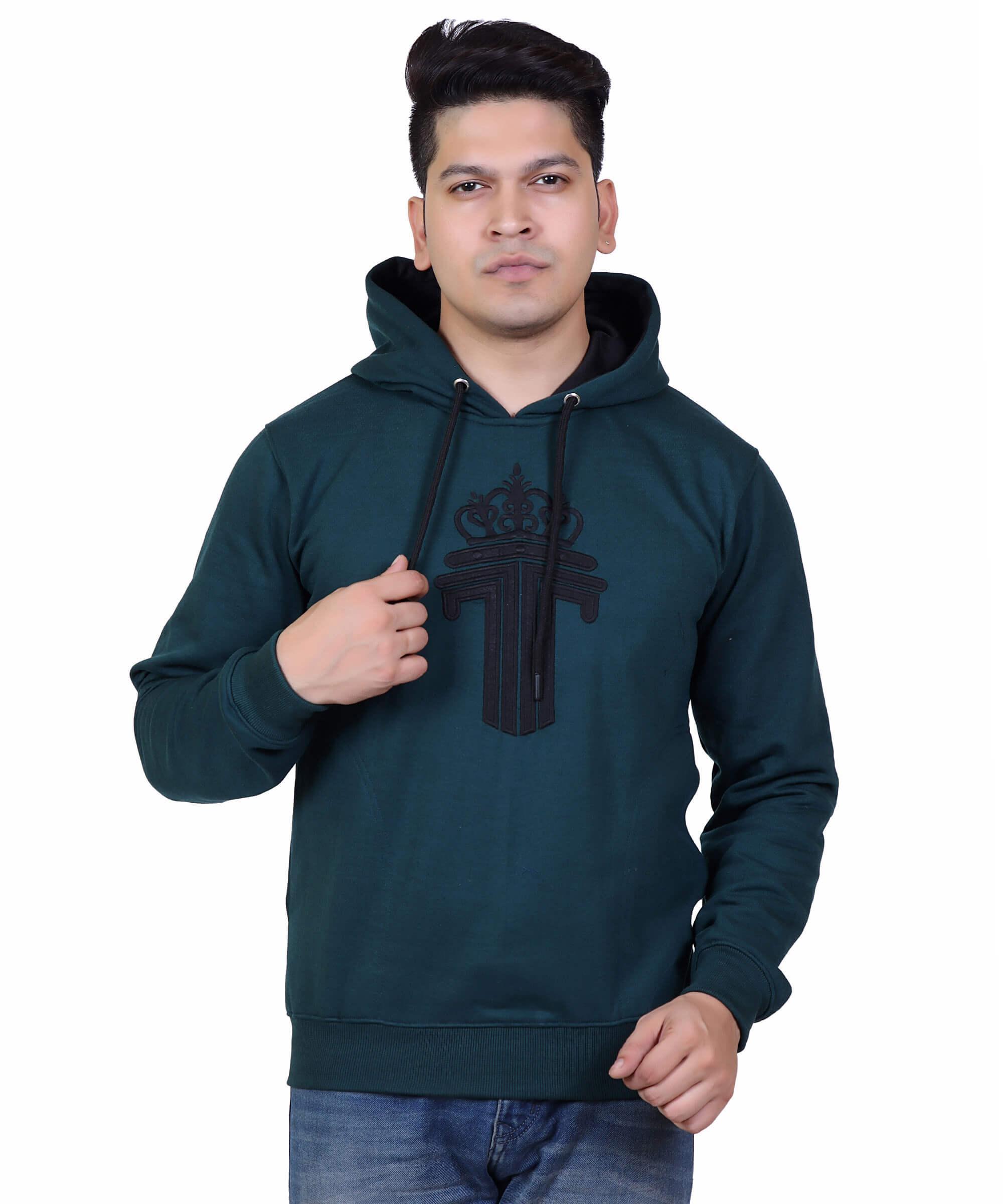 Full Sleeve Embroidered Solid Men Hoodies – Teal Green
